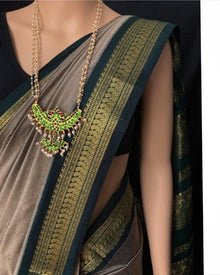 ASH COTTON SILK SAREE WITH GREEN BORDER.