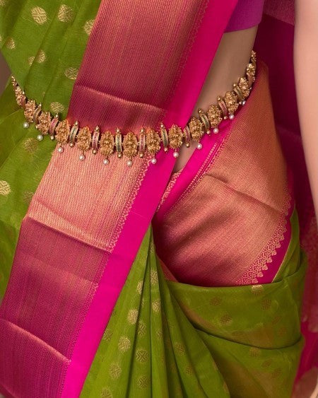 PARROT GREEN KORA COTTON SAREE WITH PINK BORDER
