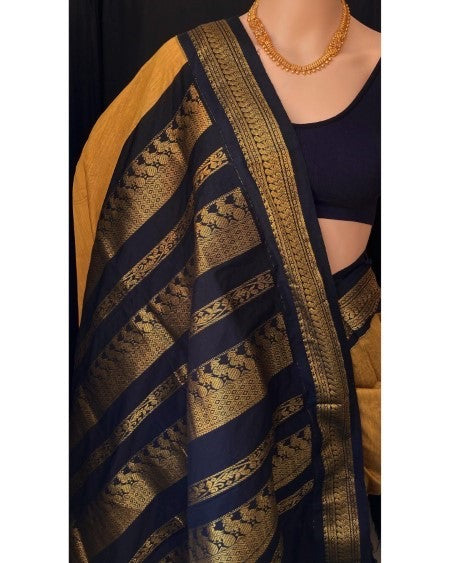 GOLDEN YELLOW  COTON SILK SAREE WITH BLACK BORDER