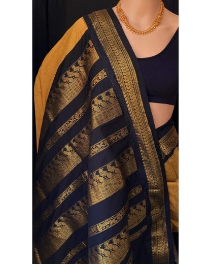 GOLDEN YELLOW  COTON SILK SAREE WITH BLACK BORDER
