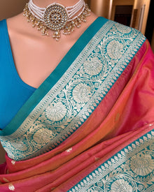 PINK ORANGE ART SILK SAREE WITH TEAL BLUE BORDER