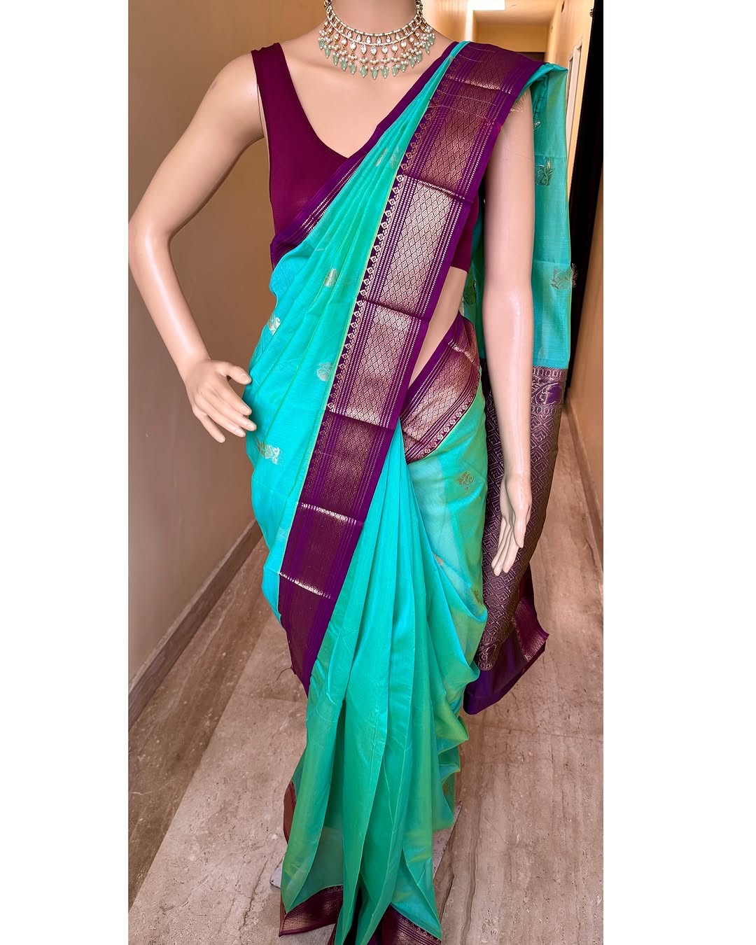TURQUOISE BLUE KORA COTTON SAREE
