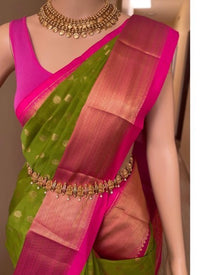 PARROT GREEN KORA COTTON SAREE WITH PINK BORDER