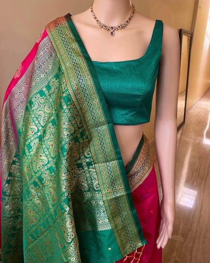 PINK SATIN SILK SAREE WITH GREEN BORDER