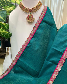 PEACOCK GREEN DUPION COTTON SAREE WITH PINK BORDER