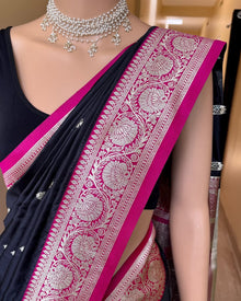 BLACK ART SILK SAREE WITH PINK BORDER