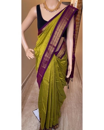 PEAR GREEN COTTON SILK SAREE WITH MAGENTA BORDER