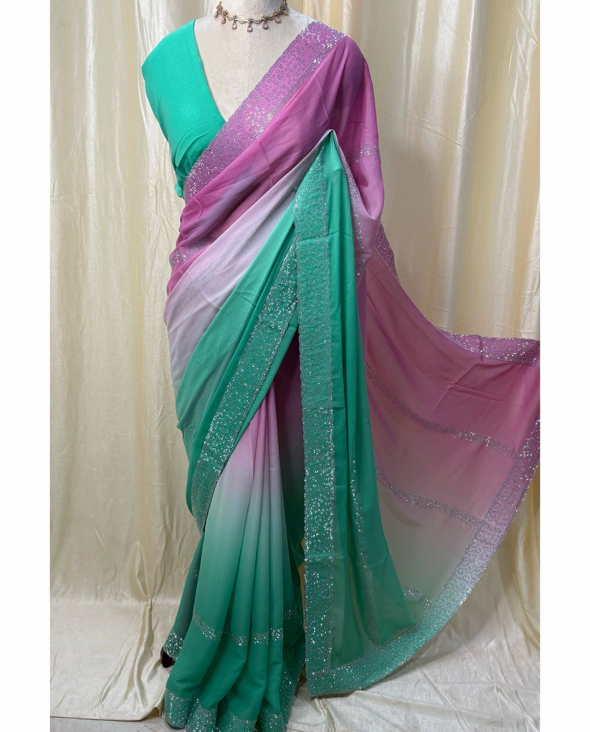 Lavender green half and half georgette saree.