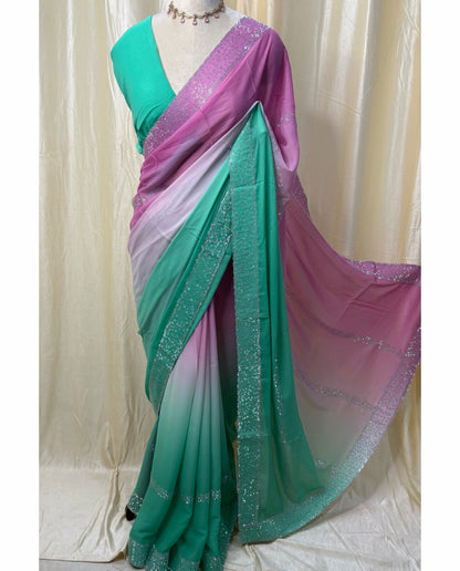 Lavender green half and half georgette saree.