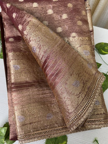 LAVENDER GOLD GREY SOFT CRUSH TISSUE SAREE WITH SEQUENCE LACE