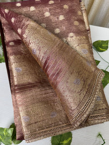 LAVENDER GOLD GREY SOFT CRUSH TISSUE SAREE WITH SEQUENCE LACE