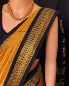 GOLDEN YELLOW  COTON SILK SAREE WITH BLACK BORDER
