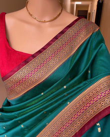 PEACOCK GREEN SATIN SILK SAREE WITH RED BORDER