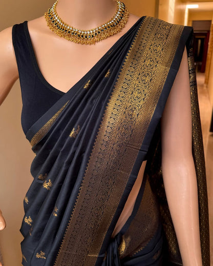 BLACK ART SILK SAREE WITH GOLDEN BORDER