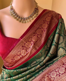BOTTLE GREEN ART SILK SAREE WITH RED CONTRAST BORDER