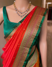 RED ORANGE SATIN SILK SAREE WITH GREEN BORDER