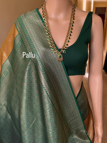 MUSTARD ART SILK SAREE WITH CONTRAST BOTTLE GREEN ZARI BORDER