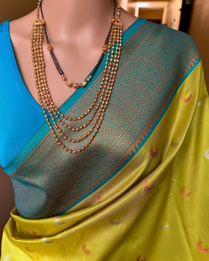 PEAR GREEN CHANDRAKOR ART SILK SAREE WITH TEAL BLUE BORDER