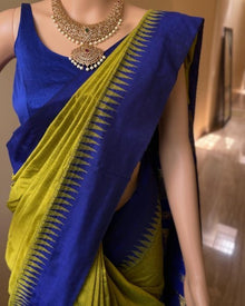 PEAR GREEN COTTON SILK SAREE WITH BLUE TEMPLE BORDER