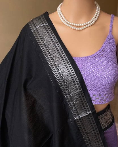 PURPLE COTTON SILK SAREE WITH SILVER BORDER