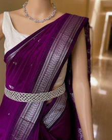 DARK MAGENTA SILK COTTON SAREE WITH SILVER BORDER