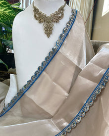 OFF WHITE ORGANZA SAREE WITH SKY BLUE LACE