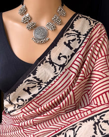 RED LINES PRINTED MULMUL COTTON SAREE