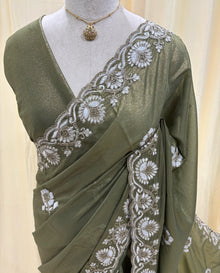 Olive green georgette saree with white embroidery saree.