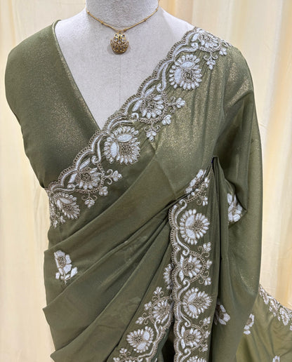 Olive green georgette saree with white embroidery saree.
