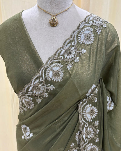 Olive green georgette saree with white embroidery saree.