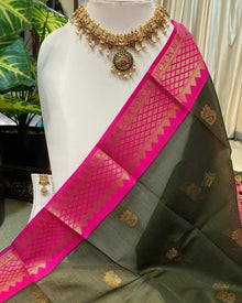 OLIVE GREEN KORA COTTON SAREE WITH RANI PINK BORDER