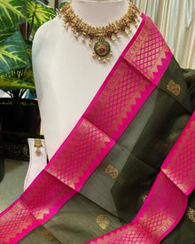 OLIVE GREEN KORA COTTON SAREE WITH RANI PINK BORDER