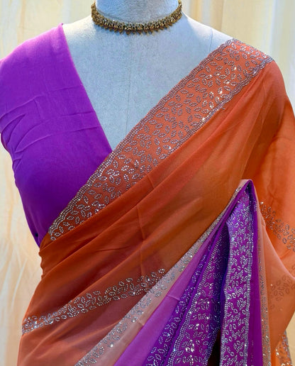 Orange violet half and half georgette saree.