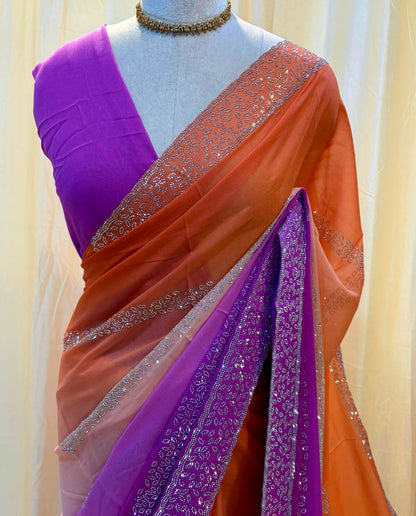 Orange violet half and half georgette saree.