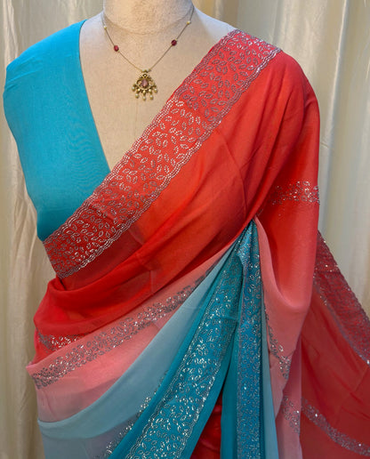 Orange blue half and half georgette saree.