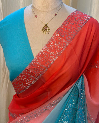 Orange blue half and half georgette saree.