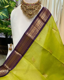 PARROT GREEN KORA COTTON SAREE WITH VIOLET BORDER
