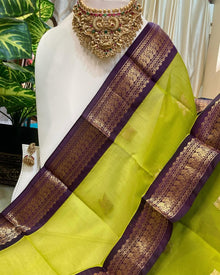 PARROT GREEN KORA COTTON SAREE WITH VIOLET BORDER