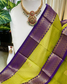 PARROT GREEN KORA COTTON SAREE WITH VIOLET BORDER AND PALLU