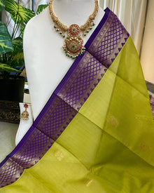 PARROT GREEN KORA COTTON SAREE WITH VIOLET BORDER AND PALLU