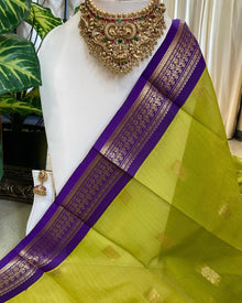 PARROT GREEN KORA COTTON SAREE WITH BLUE BORDER