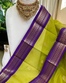 PARROT GREEN KORA COTTON SAREE WITH BLUE BORDER