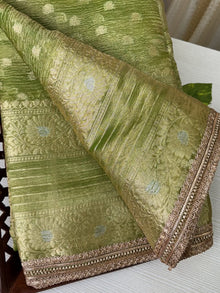 PARROT GREEN SOFT CRUSH TISSUE SAREE WITH SEQUENCE LACE