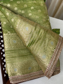 PARROT GREEN SOFT CRUSH TISSUE SAREE WITH SEQUENCE LACE