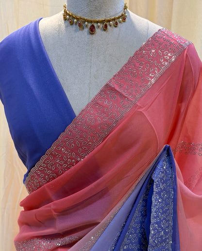 Peach blue half and half georgette saree.