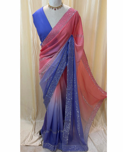Peach blue half and half georgette saree.
