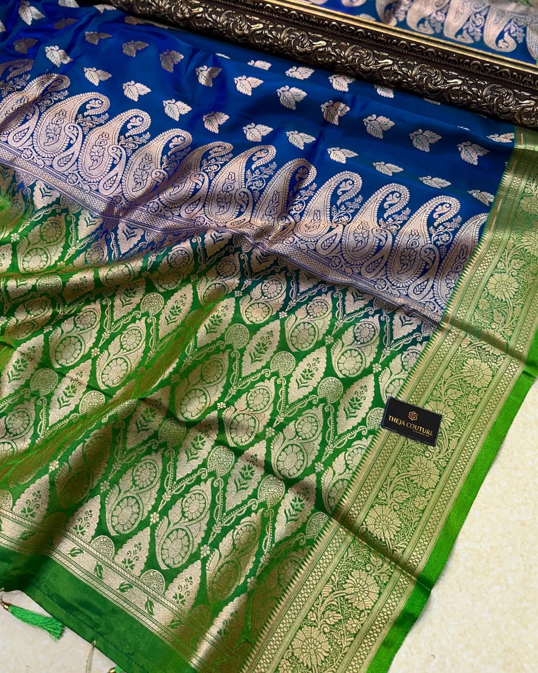 PEACOCK BLUE DUAL TONE BANARASI SATIN SILK SAREE