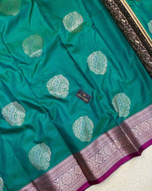 PEACOCK GREEN ART SILK SAREE WITH MAGENTA BORDER