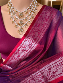 PURPLE METALLIC TISSUE SAREE WITH SILVER ZARI WEAVE BORDER