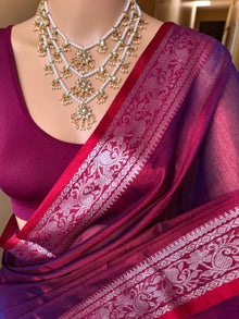PURPLE METALLIC TISSUE SAREE WITH SILVER ZARI WEAVE BORDER